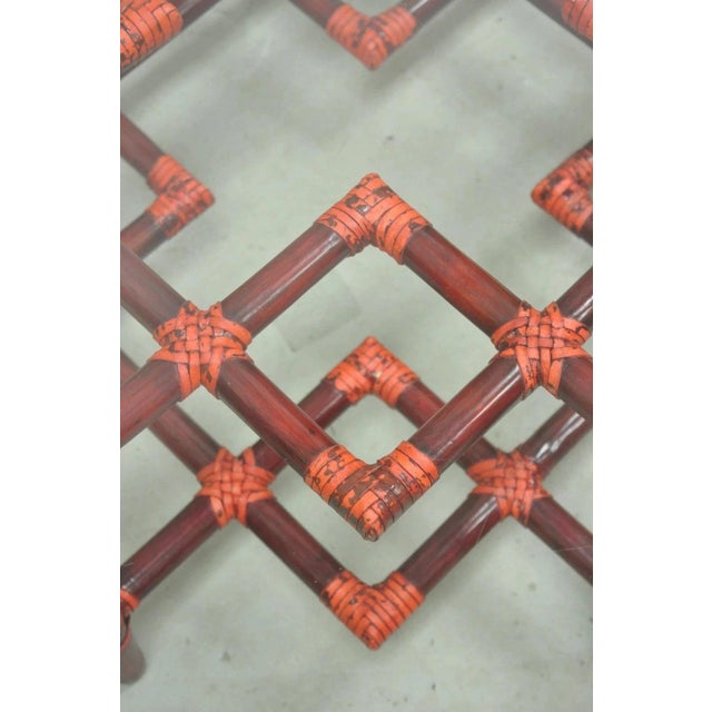 Metal Vintage McGuire Red Rattan Bamboo and Brass Glass Top Square Coffee Table For Sale - Image 7 of 12