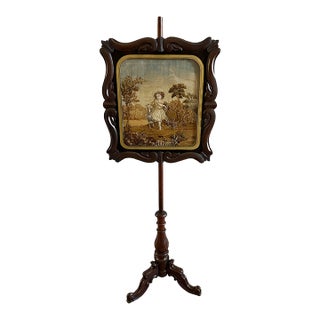 Antique Victorian c.1850s Carved Rosewood Embroidered Silk Fireplace Pole Screen For Sale