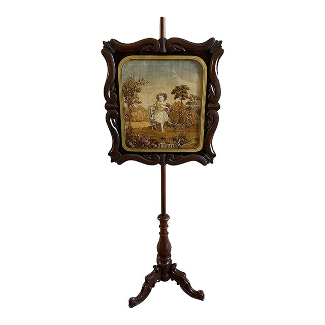 Antique Victorian c.1850s Carved Rosewood Embroidered Silk Fireplace Pole Screen For Sale