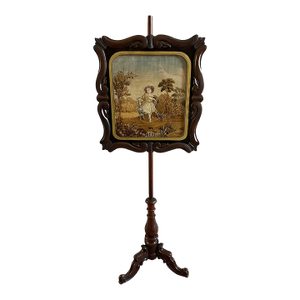 Antique Victorian c.1850s Carved Rosewood Embroidered Silk Fireplace Pole Screen