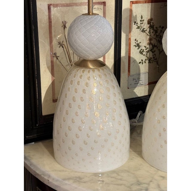 Murano Style Ivory and Gold Glass Lamps - a Pair For Sale - Image 4 of 6