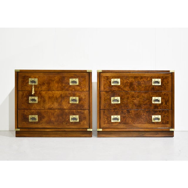 Hickory Furniture 1970s Campaign Burl Wood Chests by Hickory Furniture - A Pair For Sale - Image 4 of 13