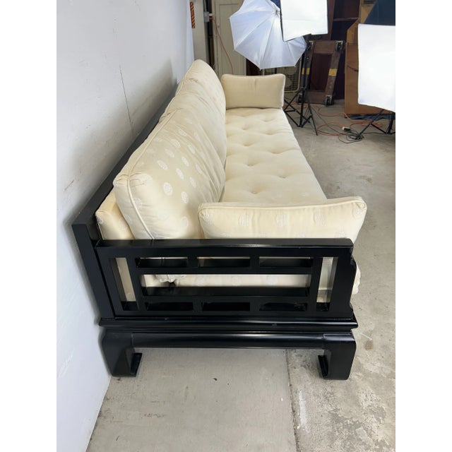 Chinoiserie Ming Inspired Black Lacquer Sofa With Vintage Upholstery For Sale - Image 12 of 12