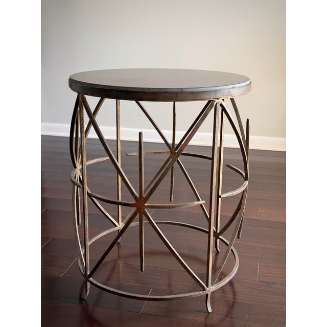 Hollywood Regency Gold Leaf Wrought Iron Side Table Black Stone Granite Top Vintage Geometric Metal Starburst Accent Drink Table Arturo Pani Style For Sale - Image 12 of 12