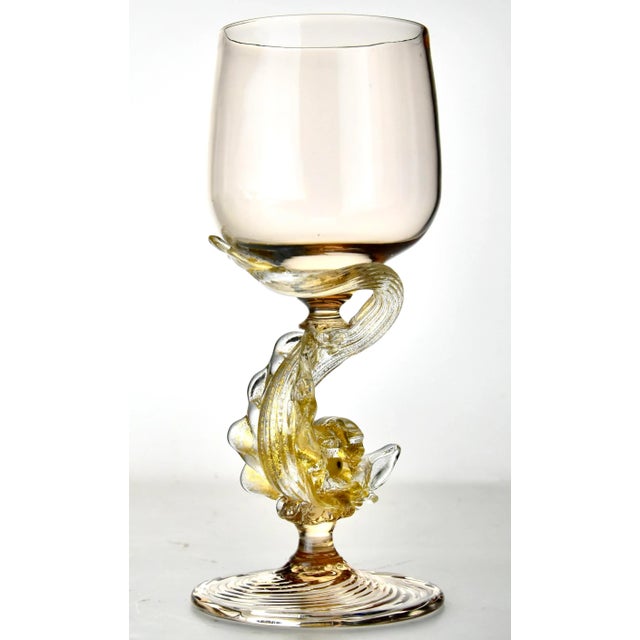Murano Vintage Mid 20th Century Hand Blown Venetian Dolphin Goblets- Set of 7 For Sale - Image 4 of 12