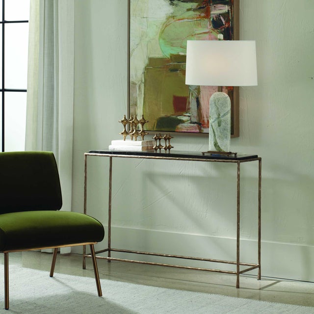 This Console Table Features A Recycled Cast Glass Top And A Minimalist Brass Antique Cast Metal Frame With A Hand-hammered...