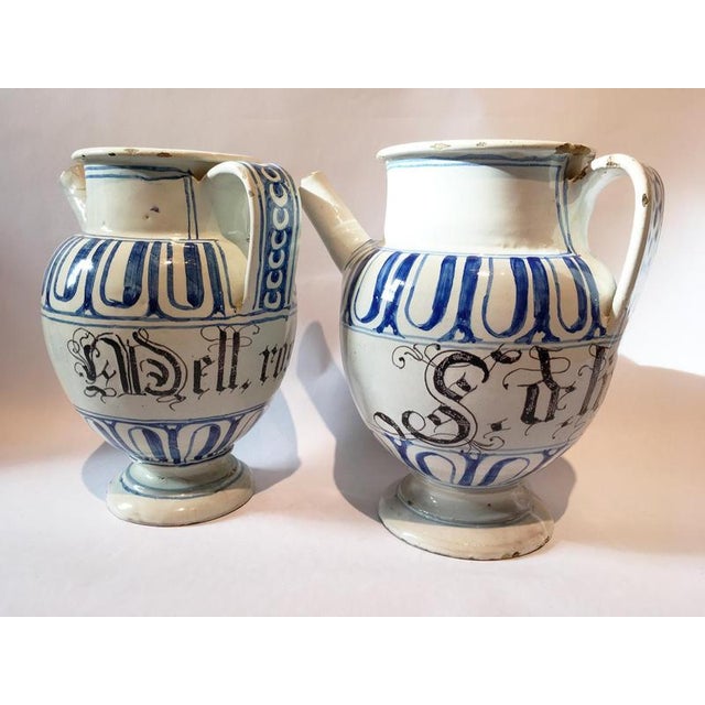 White and Blue Ceramic Pharmacy Carafes, Italy, Mid-18th Century, Set of 2 For Sale - Image 15 of 18
