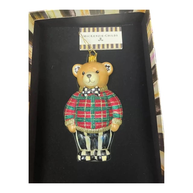 Mackenzie-Childs Courtly Check Plaid Teddy Bear Glass Christmas Tree Ornament For Sale
