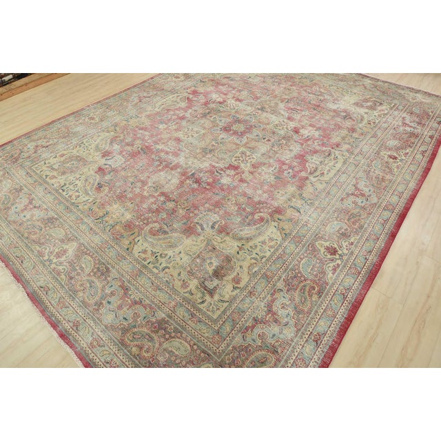 Farmhouse Tabriz Rug 10’1” X 12’11” Red Wool Vintage Distressed Hand-Knotted Carpet For Sale - Image 3 of 15