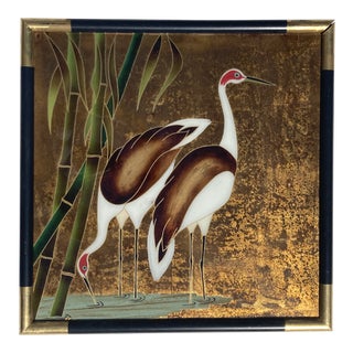 Chinese Reverse Glass Painting of Crane Birds or Egrets, 1960s For Sale
