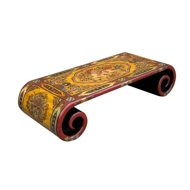 65.5"" Tibetan Style Yellow Red Lion Graphic Scroll Rectangular Coffee Table Stand For Sale - Image 4 of 12