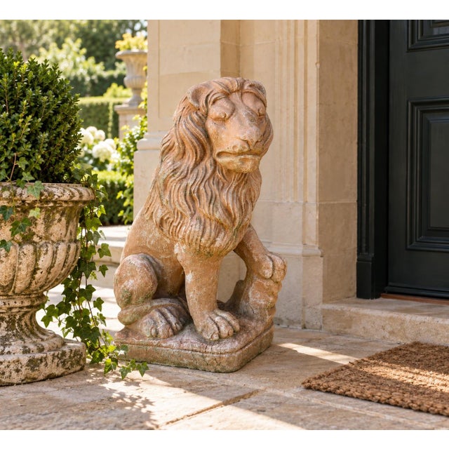 A wonderfully sculptural vintage garden lion, cast in substantial concrete and finished in a warm, terracotta-toned...