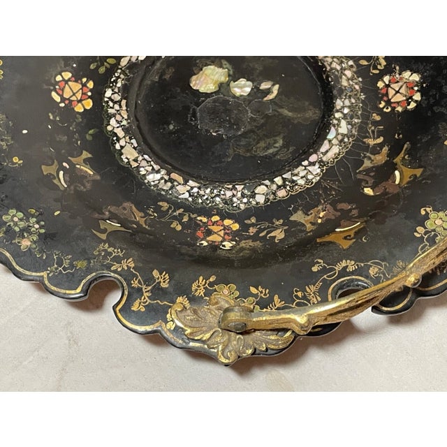 Antique 1800's Inlaid Mother of Pearl Bronze Paper Mache French Centerpiece Dish For Sale - Image 11 of 13