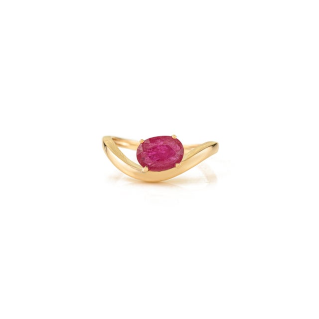 Modern Handmade 1.14 Ct Oval Cut Natural Ruby Wave Solitaire Ring in 14k Gold Size 6.5 For Sale - Image 3 of 13