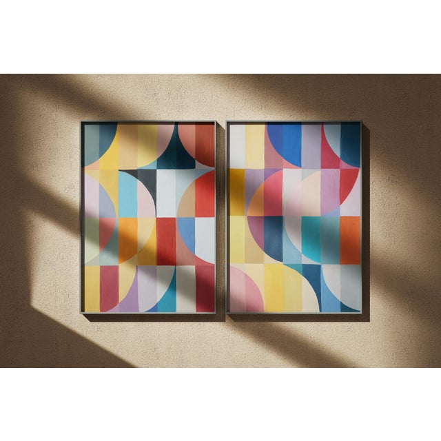 2026, Original Painting Bauhaus Diptych, Moonlight Mirrors, Colorful Grid on Watercolor Paper by Natalia Roman For Sale - Image 10 of 10