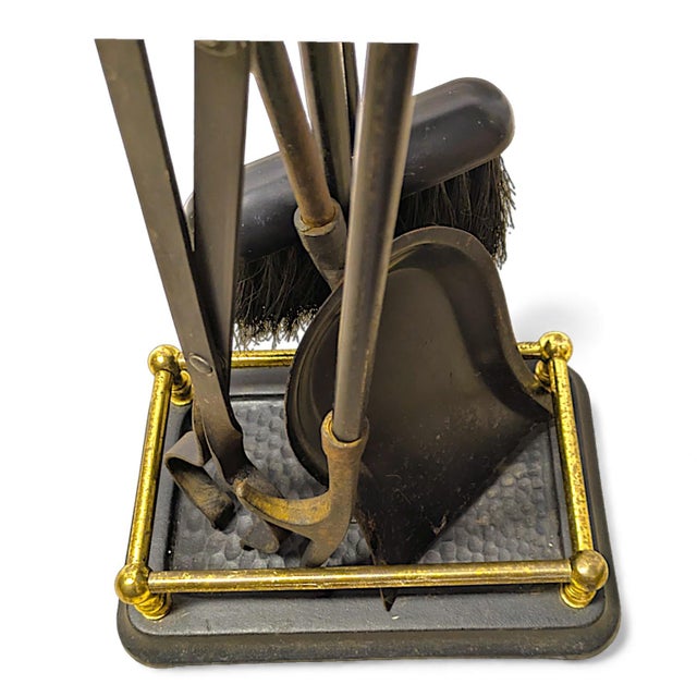 Black Iron and Polished Brass Neoclassical Fireplace Grooming Tools - Set of 5 For Sale - Image 9 of 13
