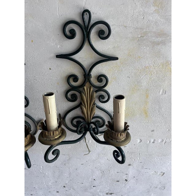 Wrought Iron Wall Sconces with Gilt Leaf Motifs, Set of 2 For Sale - Image 6 of 8
