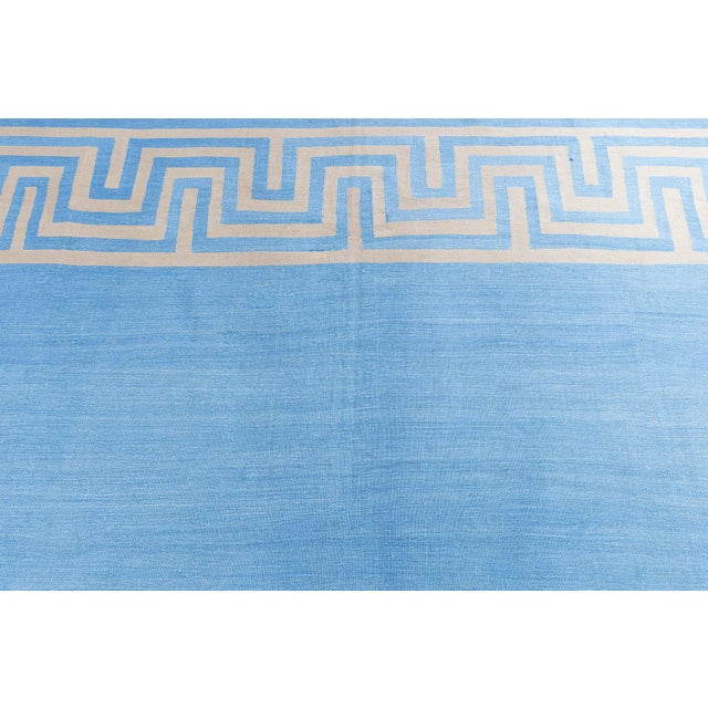 Textile Doris Leslie Blau Indian Dhurrie Vintage Blue Flatweave Cotton Rug Greek Key For Sale - Image 7 of 8