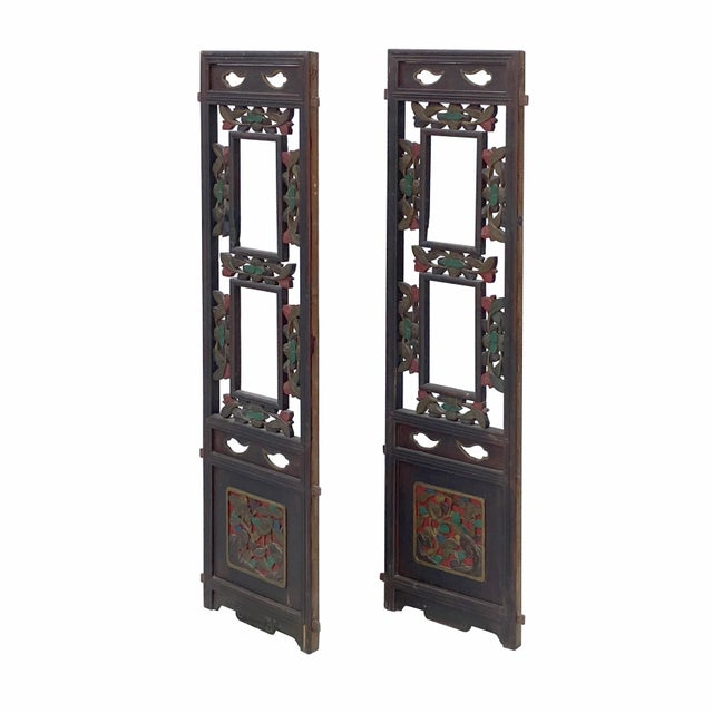 1950s Pair Chinese Vintage Restored Wood Brown Flower Carving Wall Hanging Art For Sale - Image 5 of 7