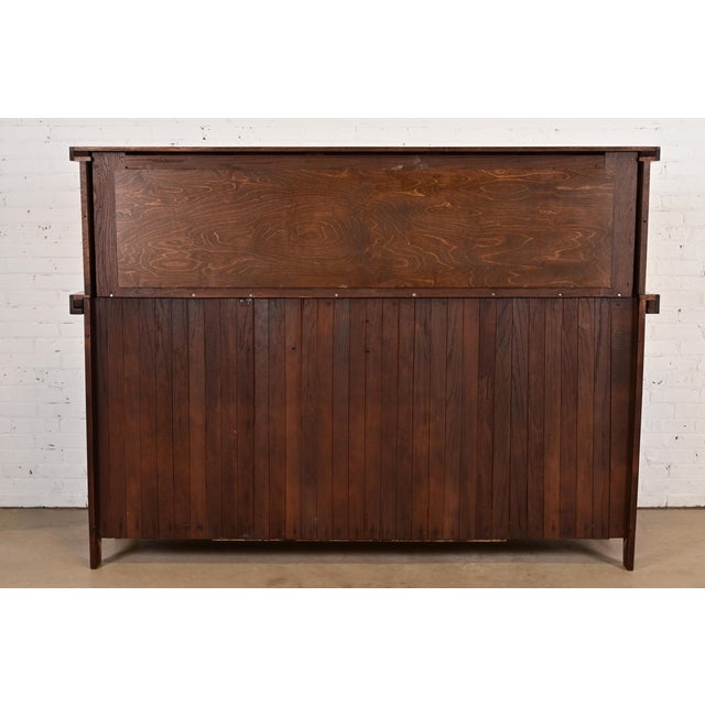 Antique Arts & Crafts Carved Oak Sideboard or Bar Cabinet With Stained Glass Doors, Newly Refinished For Sale - Image 14 of 15