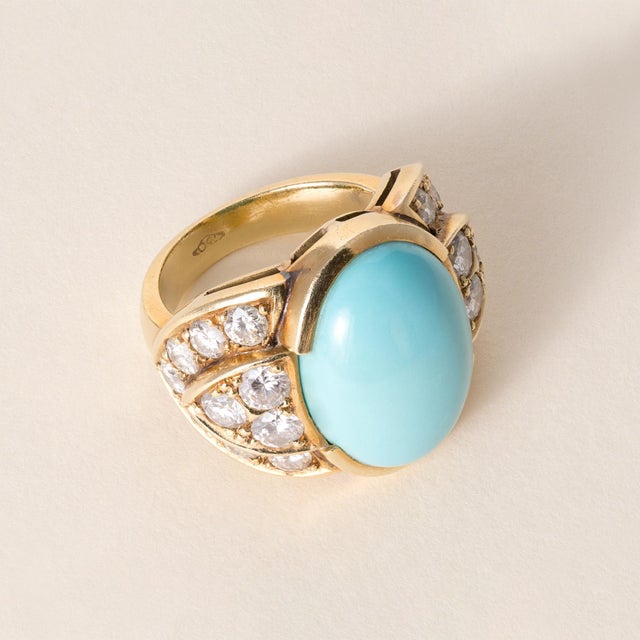 Modern Vintage Italian 18k Gold 10 Carat Turquoise Oval and 2.32 Carats Diamond Ring, Size 6 For Sale - Image 3 of 6