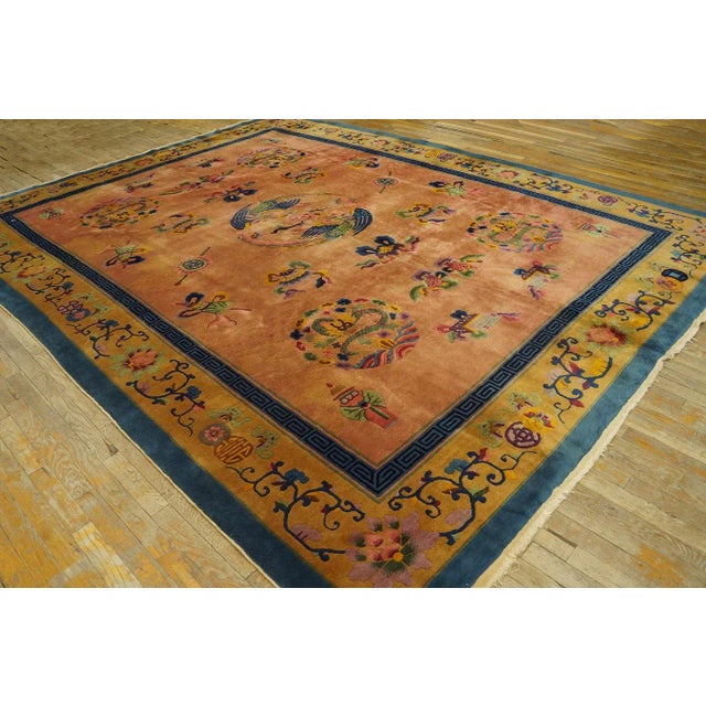 1920s Chinese Art Deco Carpet ( 8'10'' x 11'5''- 270 x 348 ) Antique Art Deco Room Size Wool Coral / Salmon / Pink Rug,...