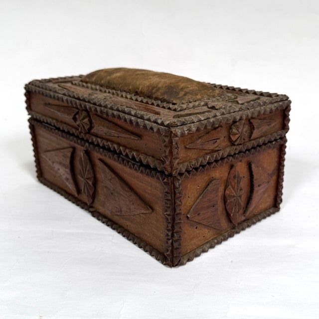 Wood Antique Tramp Art Box Personalized by the Artist For Sale - Image 7 of 12