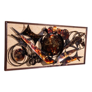 Danish Brutalist Wall Decoration in Metal & Wood & Jute by Henrik Horst, 1976 For Sale