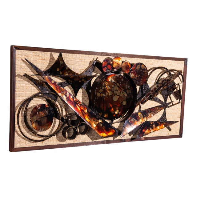 Danish Brutalist Wall Decoration in Metal & Wood & Jute by Henrik Horst, 1976 For Sale