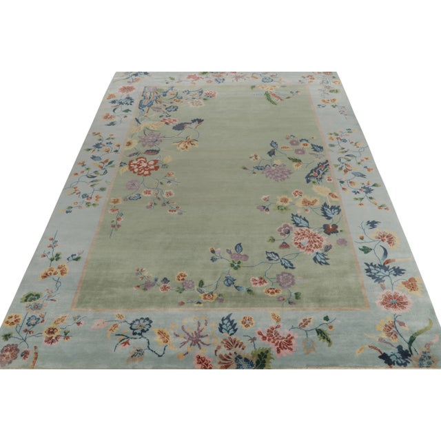 Art Deco Rug & Kilim Chinese Style Art Deco Rug in Green with Blue Border & Floral Patterns - 4'x6' For Sale - Image 3 of 8