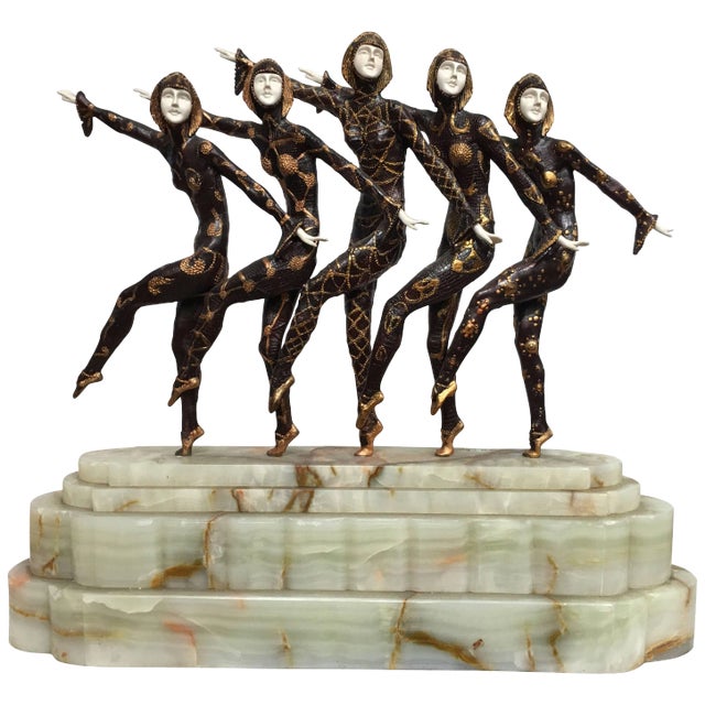 Large Art Deco Sculpture of Five Chiparus Style Dancers With a Marble Base For Sale
