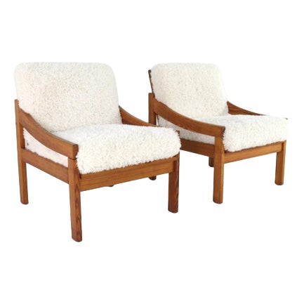 Pine Armchair with Cream Upholstery, 1970s For Sale