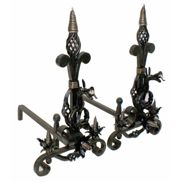 Andirons Wrought Iron With Dragon Design - A Pair For Sale - Image 4 of 4