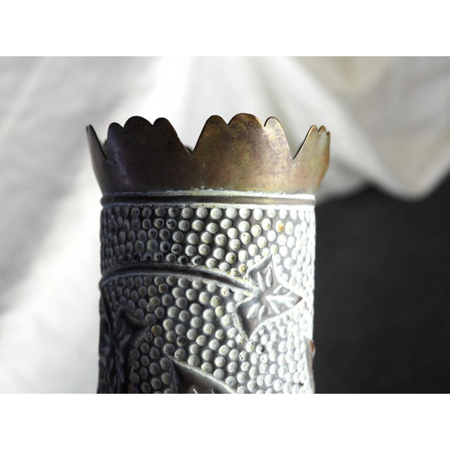 Brass 1915 French World War I Brass Shell Casings Vases With Leaves Pattern and Serrated Neck For Sale - Image 8 of 11