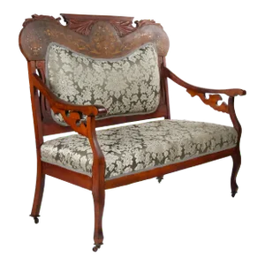 19th Century Mahogany Wood Frame Inlay Marquetry Top Settee / Sofa