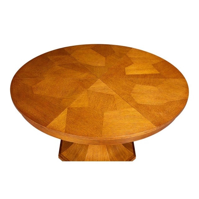 Transitional Round Dining Table, Medium - Light Brown Oak With Faceted Pedestal Base For Sale - Image 9 of 11