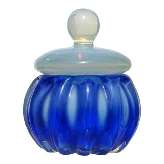 Seguso Murano Vintage Sapphire Blue Fiery Opal White Italian Art Glass Vanity Jar Powder Box For Sale