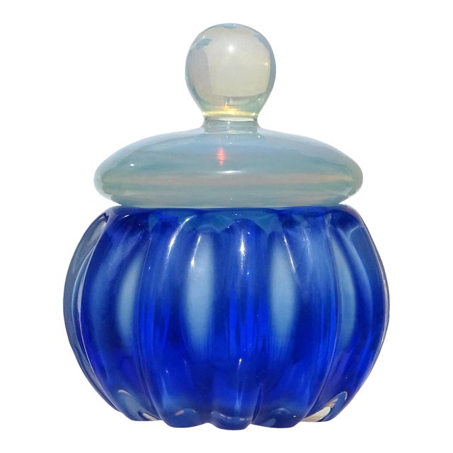 Vintage Seguso Murano Sapphire Blue Fiery Opal White Italian Art Glass Vanity Jar Powder Box For Sale
