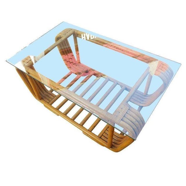 1950s Restored Five Strand Rattan Coffee Table With Floating Glass Top For Sale - Image 4 of 5