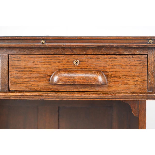 Antique Black Leather Top Oak Slanted Writing Desk For Sale - Image 9 of 16