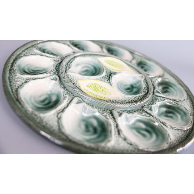 French Large Antique French Saint Clément Majolica Green & Yellow Lemon Wedge Oyster Platter For Sale - Image 3 of 5