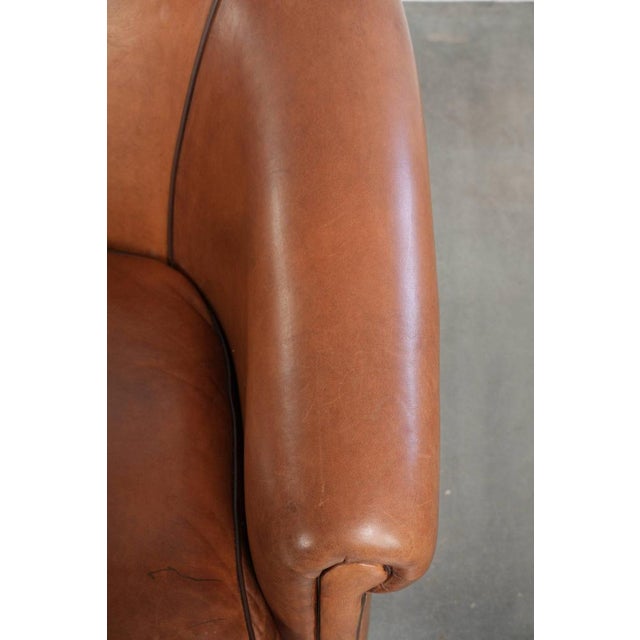 Sheepskin 2-Seater Sofa with Warm Cognac Brown Color Scheme and Finish with Black Piping For Sale - Image 8 of 15
