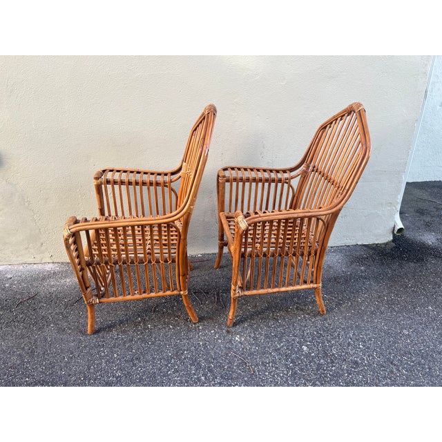 Mid 20th Century Mid 20th Century Pair Cathedral Split Reed Rattan Arm Chairs For Sale - Image 5 of 12