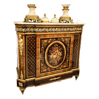 Grand French Louis XVI Marble-Top Cabinet With Floral Marquetry, Gilt Bronze Ormolu & Exotic Wood Inlays For Sale