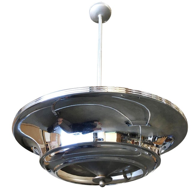Art Deco 2 Layer Chrome Art Deco Streamline Saucer Ceiling Pendant Chandelier, 5 Available For Sale - Image 3 of 6