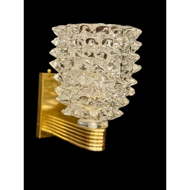 Art Deco Brass-Mounted Rostrato Murano Glass Sconces from Barovier, 1940s, Set of 2 For Sale - Image 3 of 10