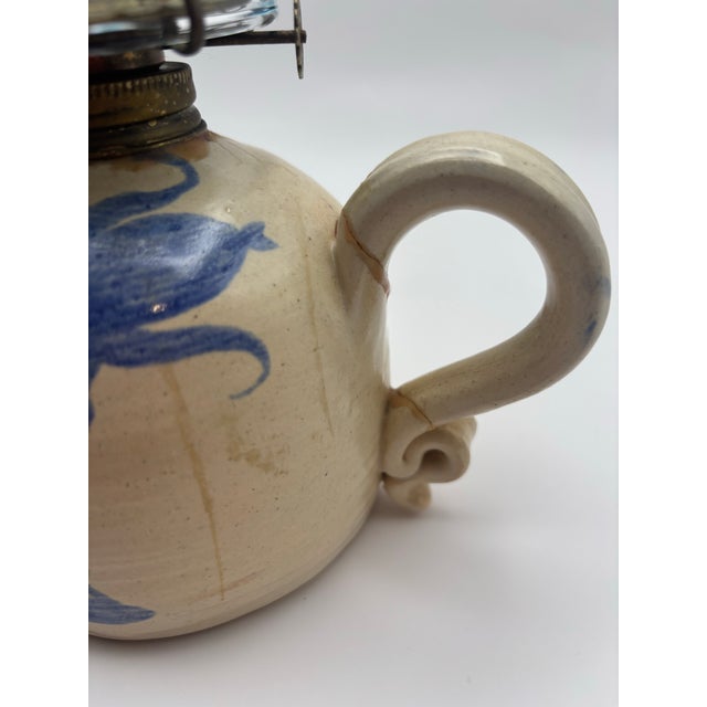 Antique Blue & White Stoneware Oil Lamp With Glass Chimney For Sale In Madison - Image 6 of 10