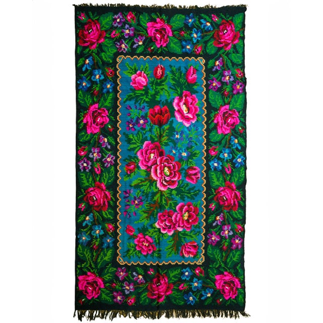 1960s Vintage Romanian Handwoven Wool Rug with Floral Folk Pattern and Fringe, 1960s For Sale - Image 5 of 13