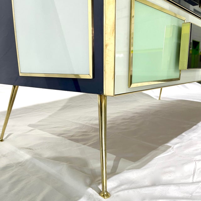 Italian Mondrian Style Blue Green White Brown Modern Brass Dresser/Chest For Sale - Image 14 of 17