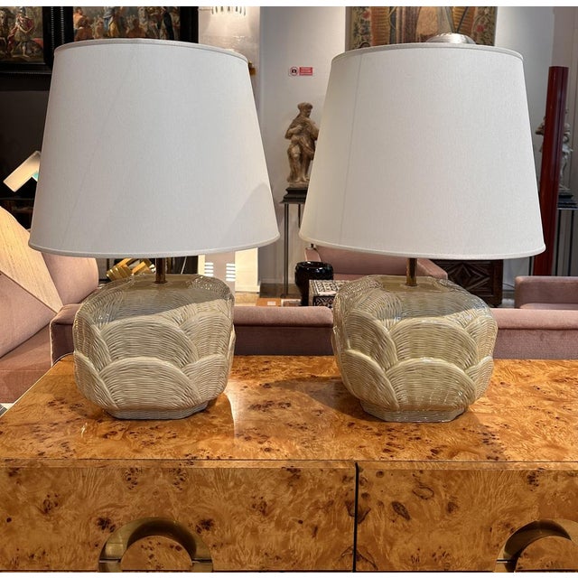Metal Italian Textured Ceramic Lamps attributed to Tommaso Barbi, 1970s, Set of 2 For Sale - Image 7 of 8